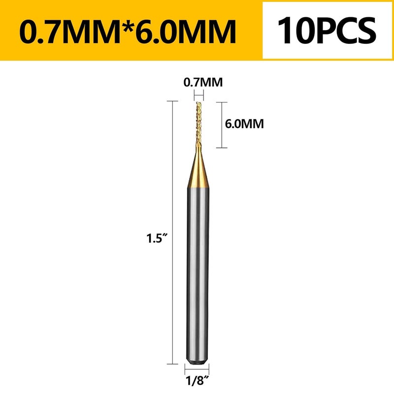WEXWE Tools 10Pcs 0.7mm TiN Coating Solid Carbide End Mill Engraving Milling Cutter CNC Router Bits for PCB Machine, 1/8" Shank 1BOX - Image 5